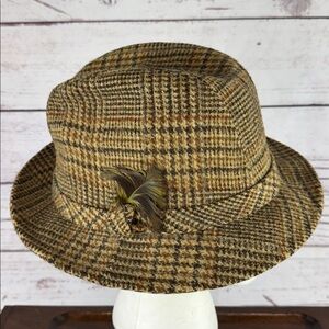 Vintage Kangol Design Houndstooth Fedora Hat with Accent Feather Wool 7 5/8- 24”